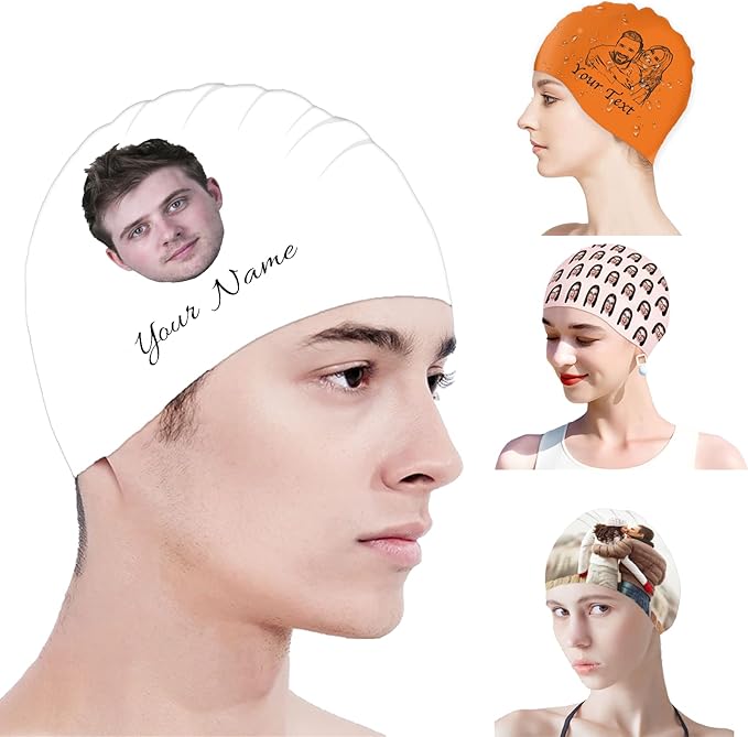 Custom Swim Cap with Photo Personalized Silicone Swim Cap for Men and Women Swimming Customized Swimmers Cap for Short and Medium Length Hair