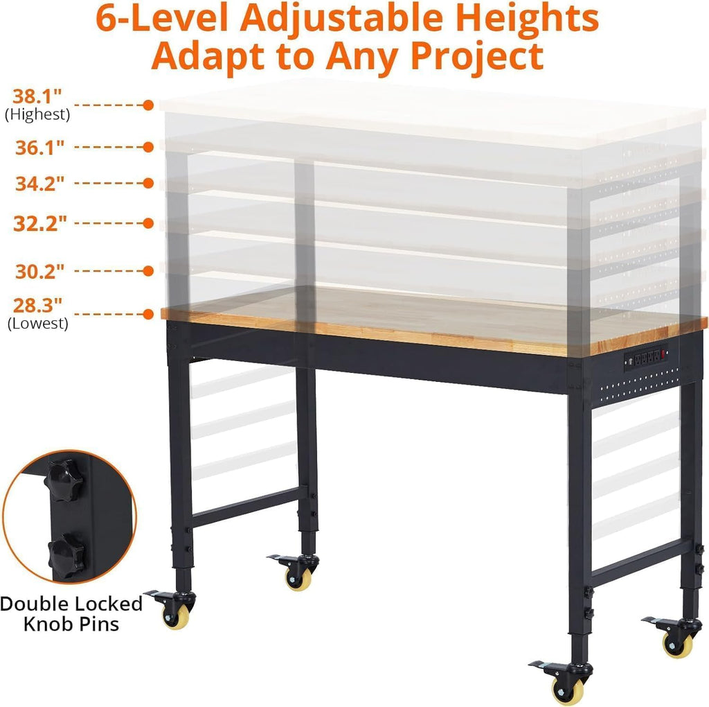 48x24 Inch Garage Workbench with Wheels, Adjustable Rubber Wood Top Garage Workbench with Power Outlet, 2000 Lbs Load Capacity for Workshop, Woodworking, Office