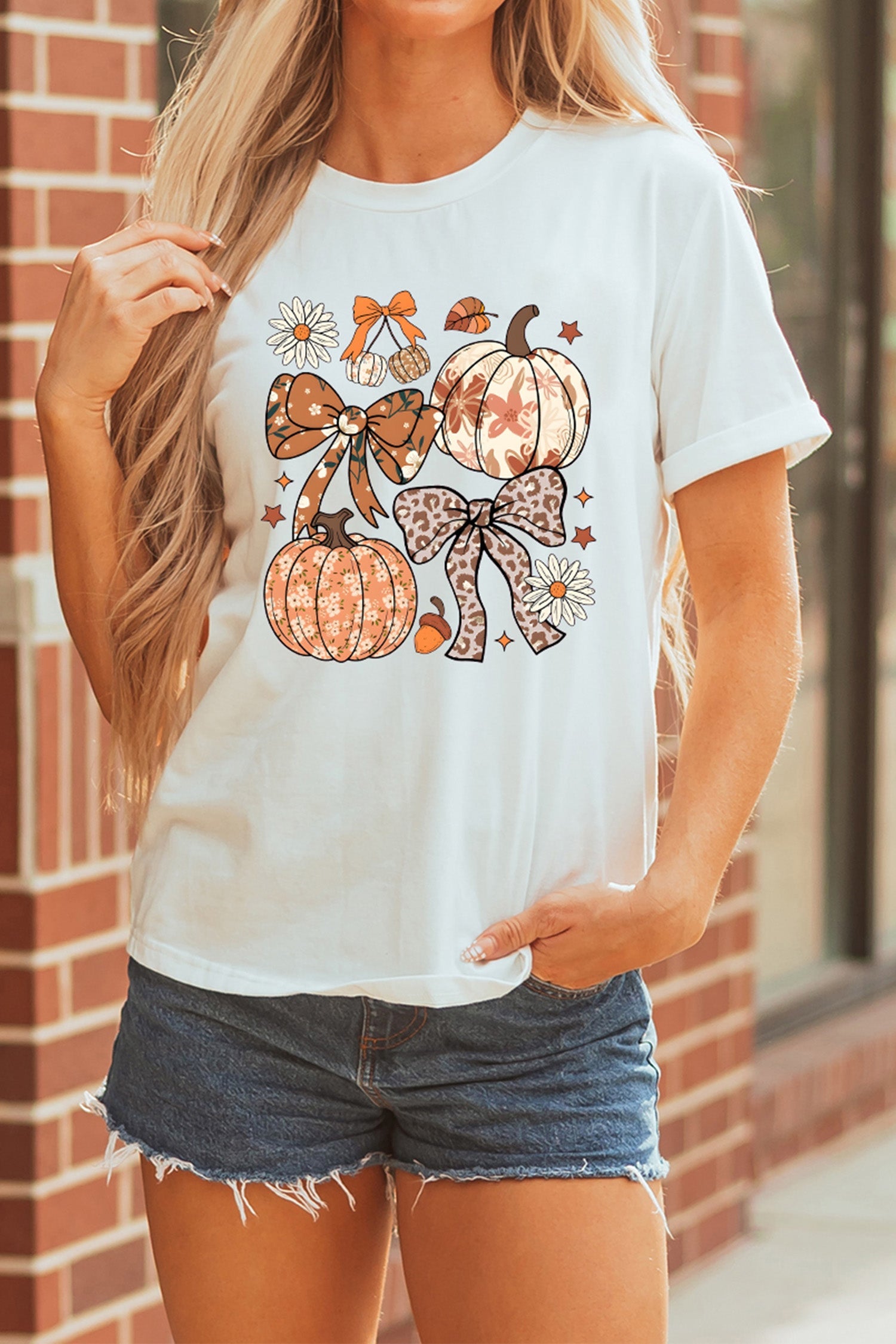 White Unique Leopard Bow Pumpkin Graphic T Shirt