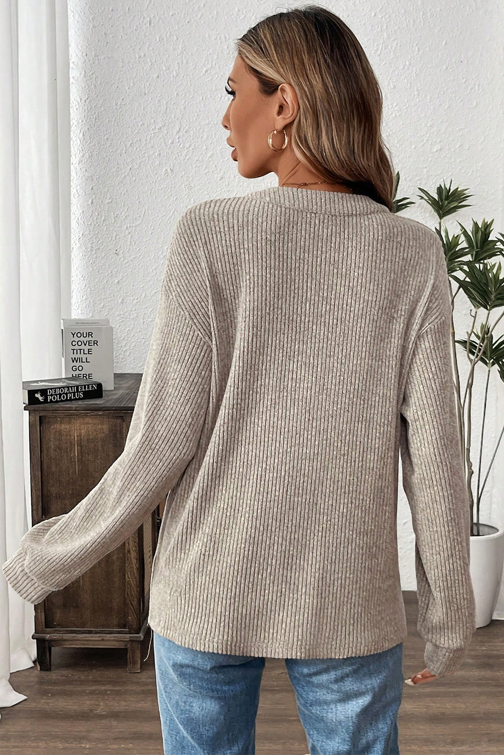Clearly Aqua Ribbed Texture Drop Shoulder Henley Knit Top