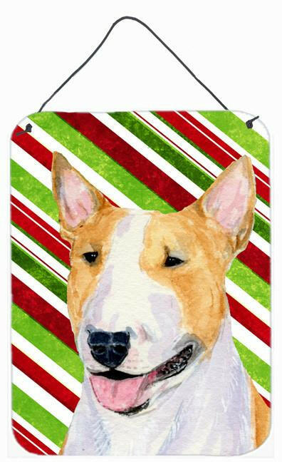 Bull Terrier Candy Cane Holiday Christmas Wall or Door Hanging Prints Aluminum Metal Sign Kitchen Wall Bar Bathroom Plaque Home Decor Front Door Plaque, 12x16, Multicolor