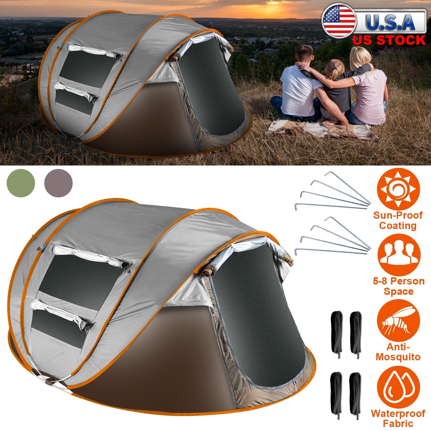 3-4 Person Pop Up Tent Automatic Setup Camping Tent Waterproof Instant Setup Tent with 2 Mosquito Net Windows Carrying Bag for Hiking Climbing Adventu