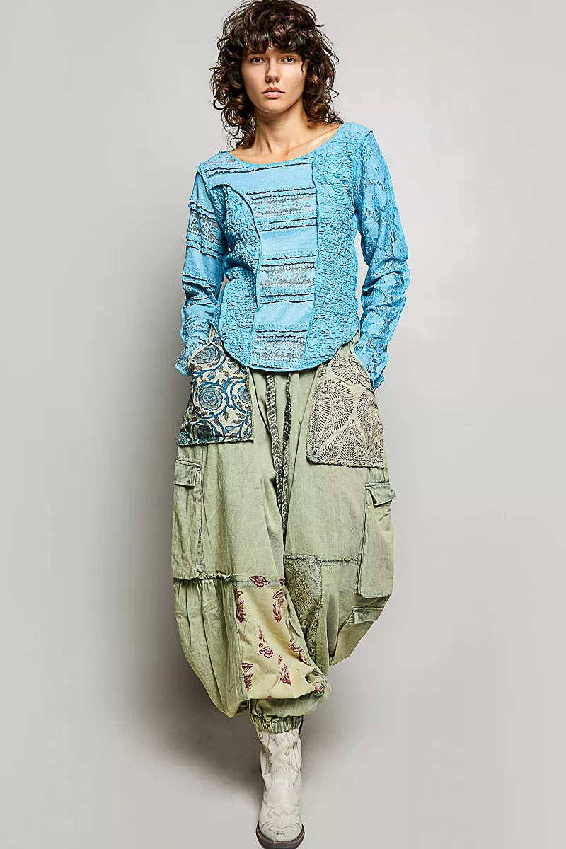 POL Round Neck Long Sleeve Exposed Seam Top with Lace Detail