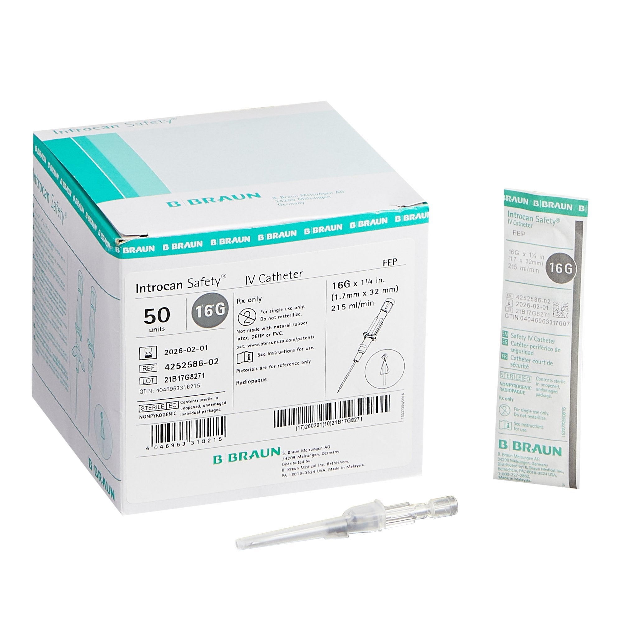 Peripheral IV Catheter Introcan Safety® 16 Gauge 1-1/4 Inch FEP Polymer Straight Hub Non Blood Control Passive Safety - 4252586-02