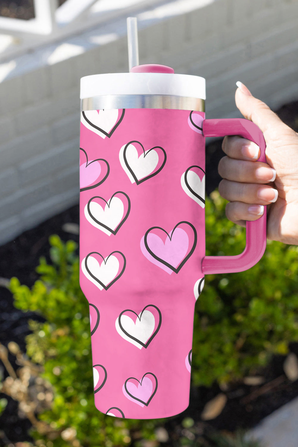 Rose Red Valentines Heart Printed Cup with Handle 40oz