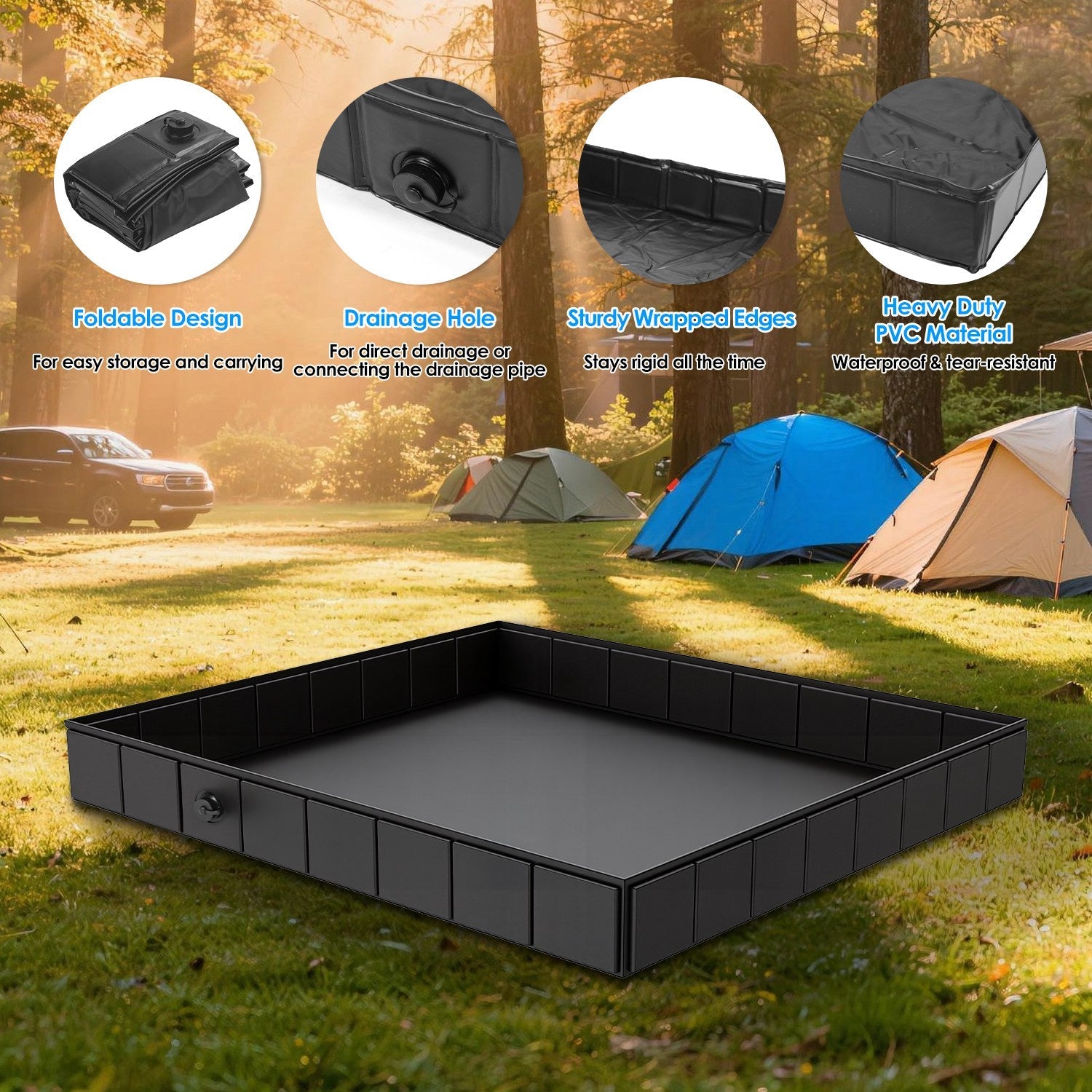 41x41x5.5in Portable Shower Pan Foldable Shower Basin Collapsible Camping Shower Tent Base with Detachable Drain Pipe for Indoor & Outdoor