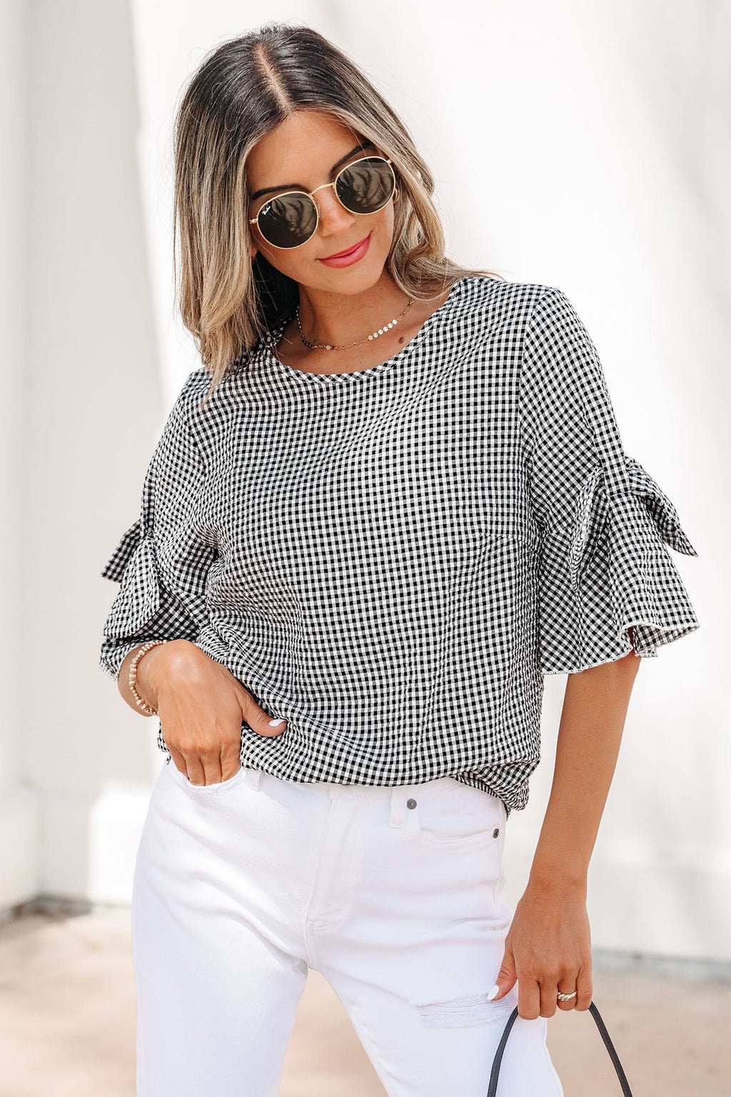 Black Plaid Bow Ruffled Half Sleeve Round Neck Blouse