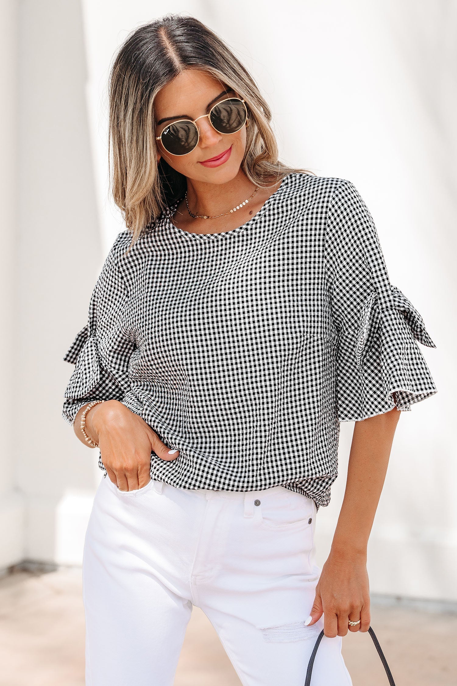 Black Plaid Bow Ruffled Half Sleeve Round Neck Blouse