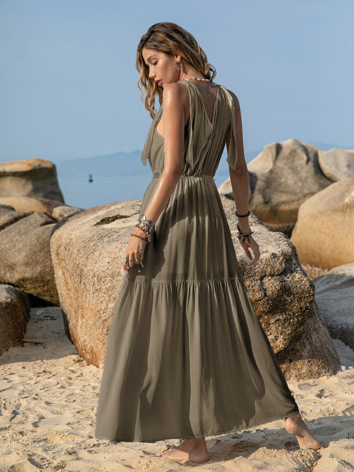 White V-Neck Tie Shoulder Maxi Dress Effortless & Flowy Summer Essential Long Girls Dress