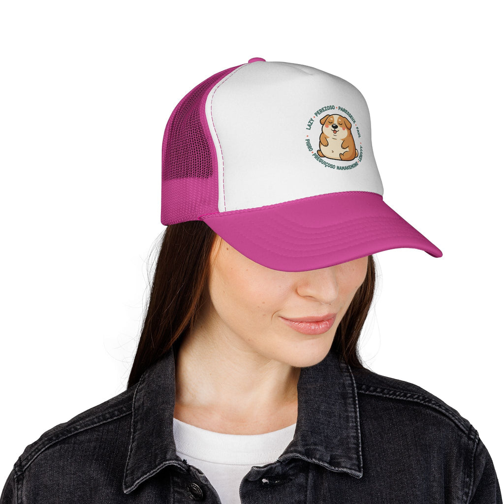 Funny Dog Meme Trucker Cap — "Fat Lazy" Multilingual Design (8 Languages)