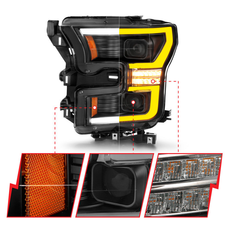ANZO 15-17 Ford F-150 LED Projector Headlights - w/ Light Bar Switchback Black Housing 111547