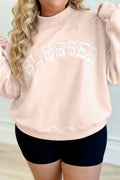 Light Pink BLESSED Embroidered Trim Patch Graphic Plus Size Mock Neck Sweatshirt