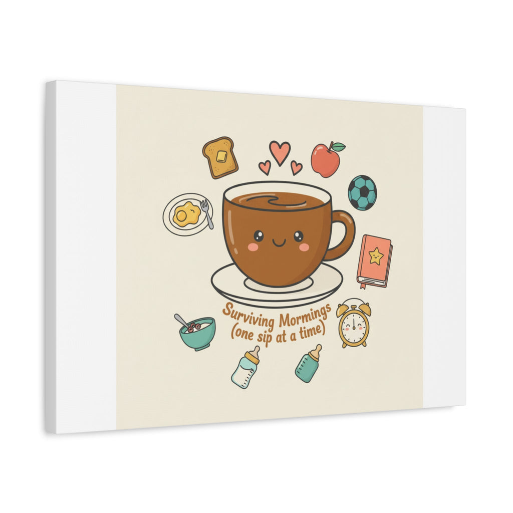 Surviving Mornings (One Sip at a Time) Canvas | Parenting Morning Humor, Coffee & Kids