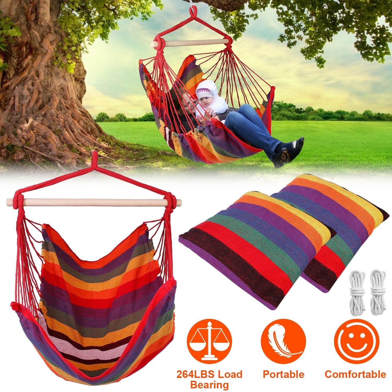 Hammock Hanging Chair Canvas Porch Patio Swing Seat Portable Camping Rope Seat Wooden Stick Hammock Chair with 2 Pillows 265LBS Load-bearing