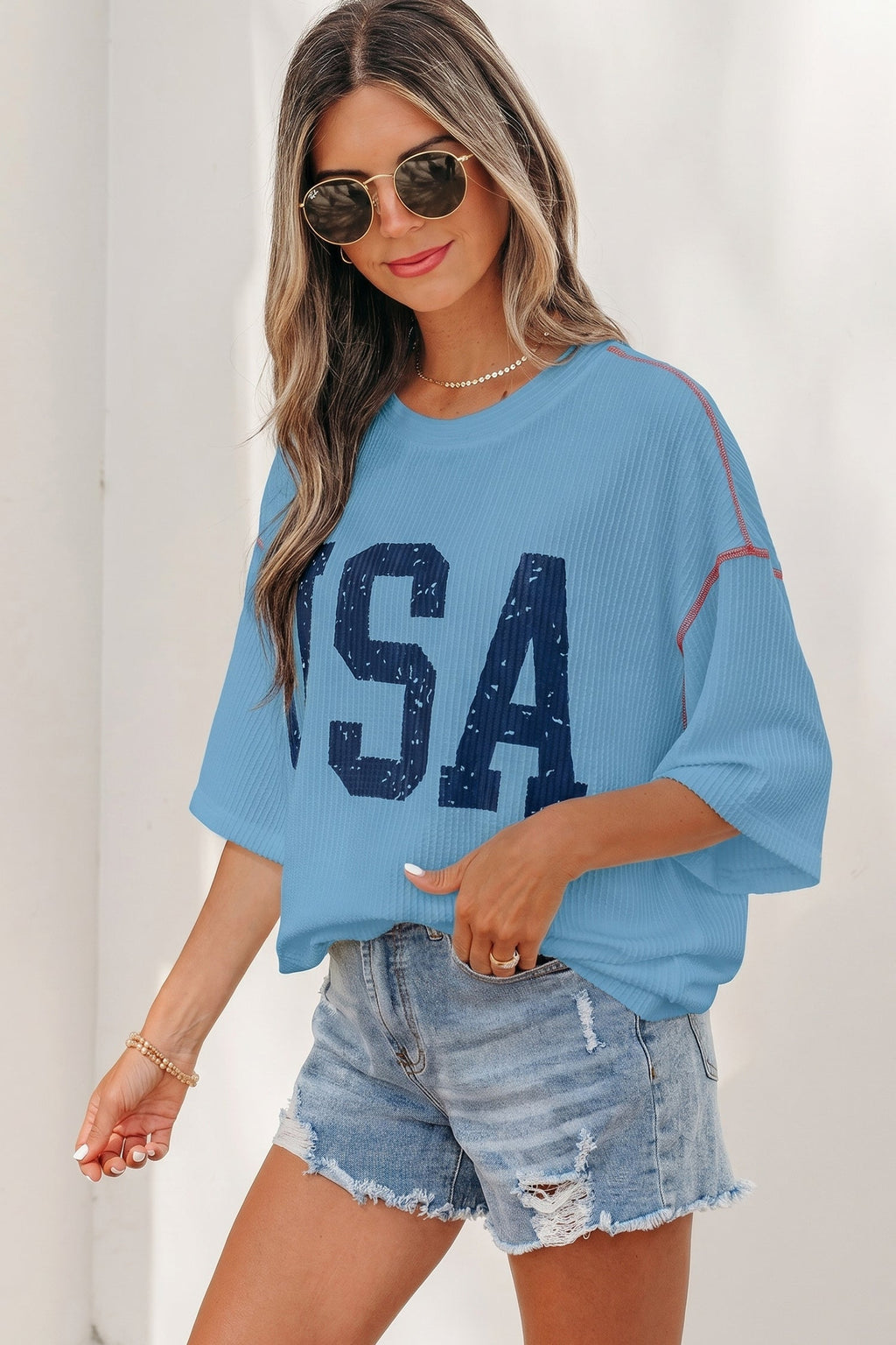 White USA Graphic Half Sleeve Loose Ribbed Top