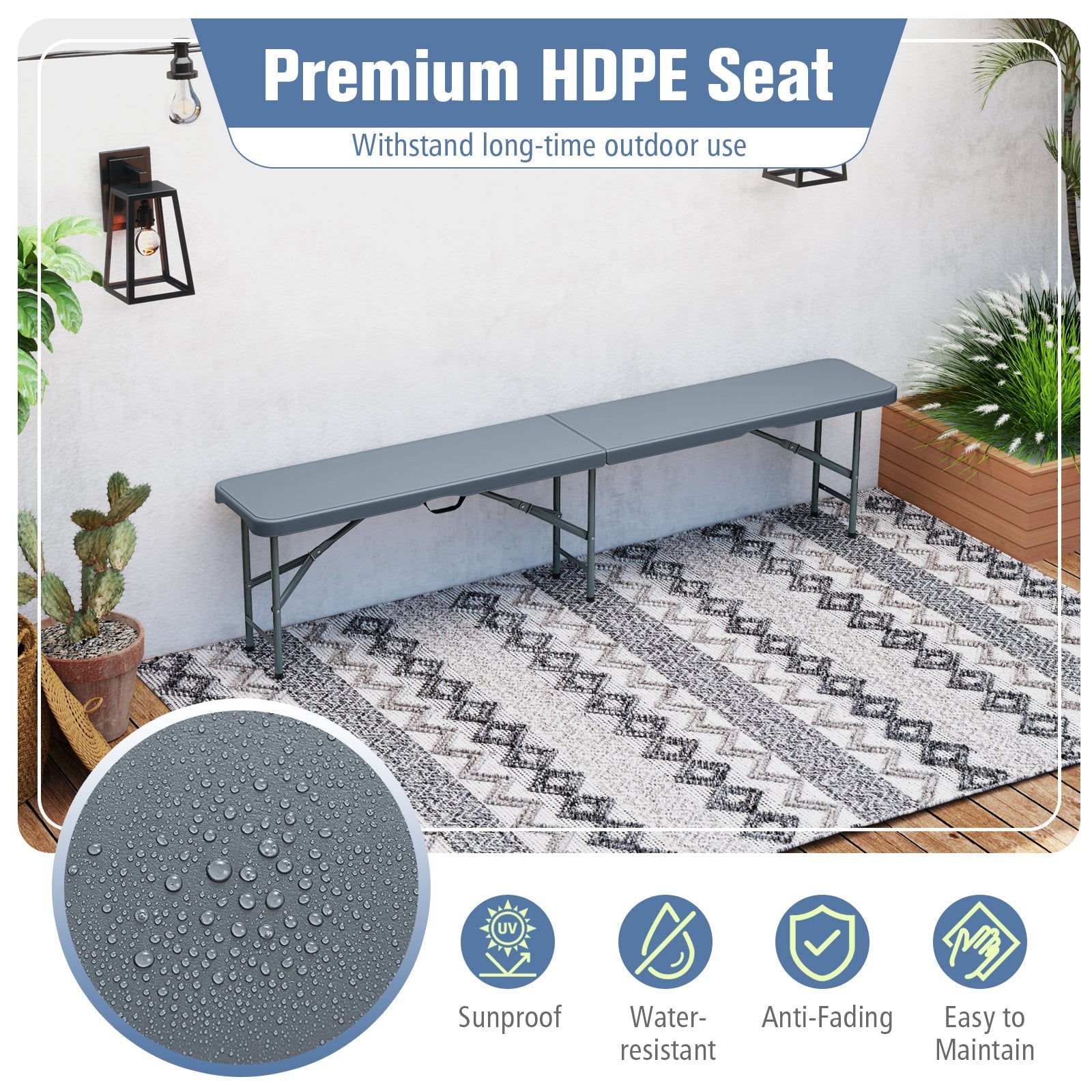 6 Feet Plastic Folding Bench Portable Seat with Handle and Lock