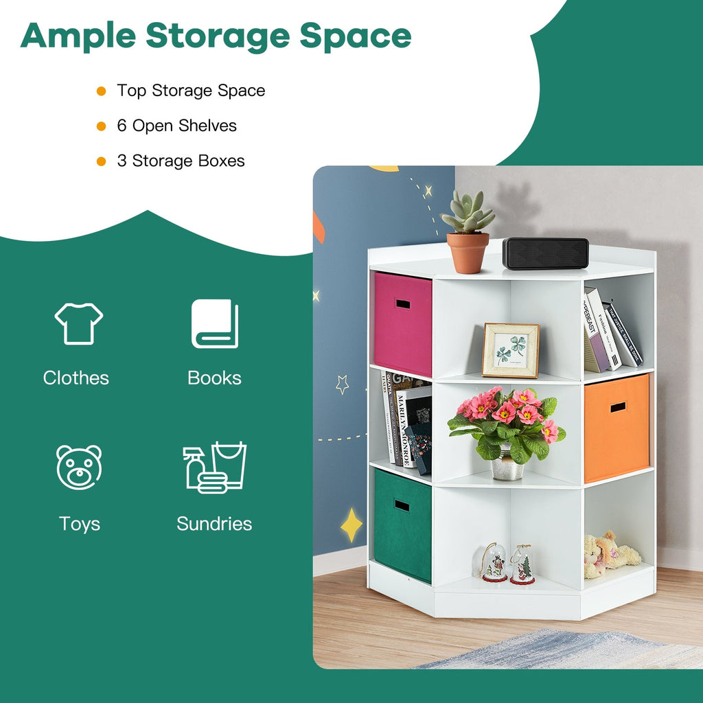 3-Tier Kids Storage Shelf Corner Cabinet with 3 Baskets-White