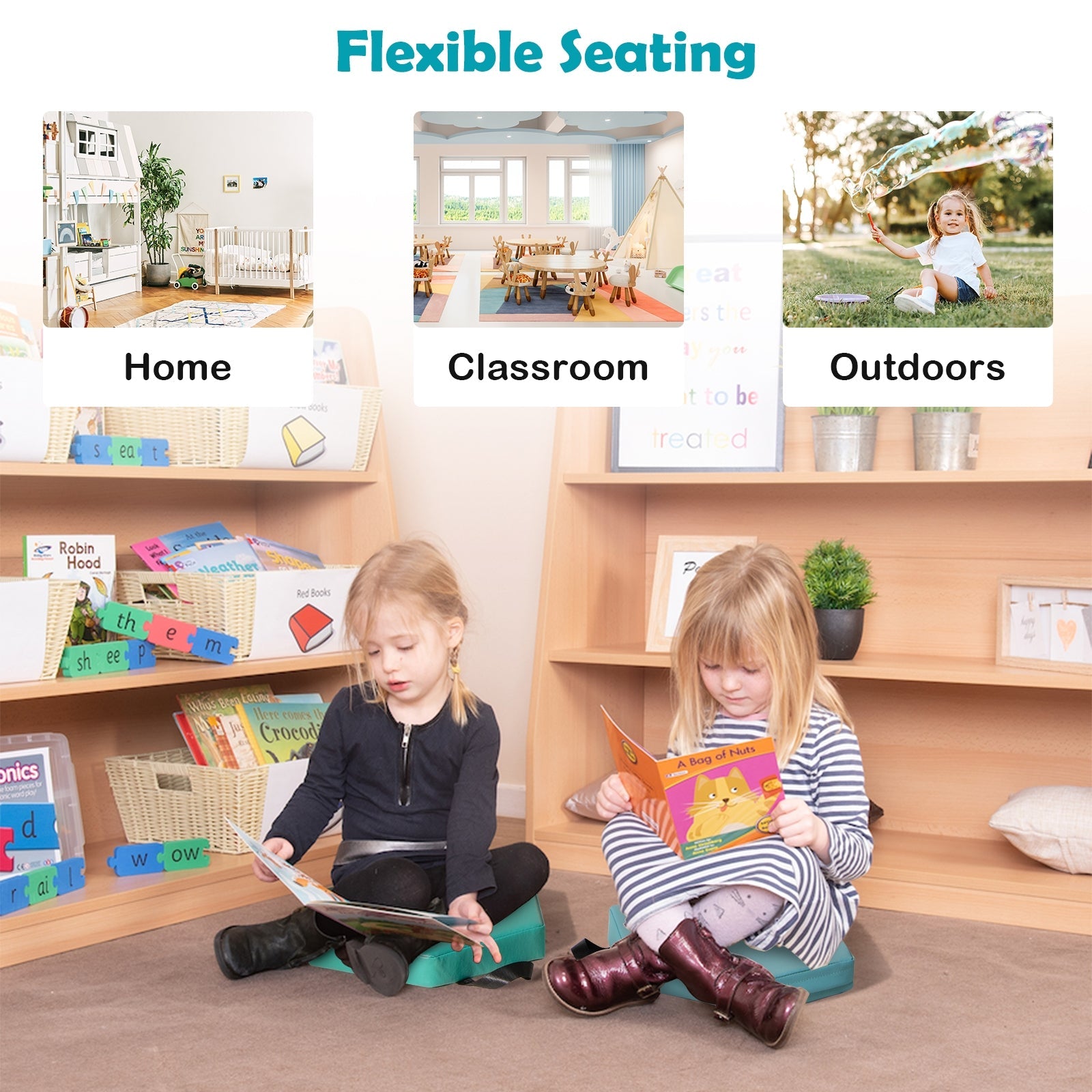6 Pieces Multifunctional Hexagon Toddler Floor Cushions Classroom Seating with Handles-Blue
