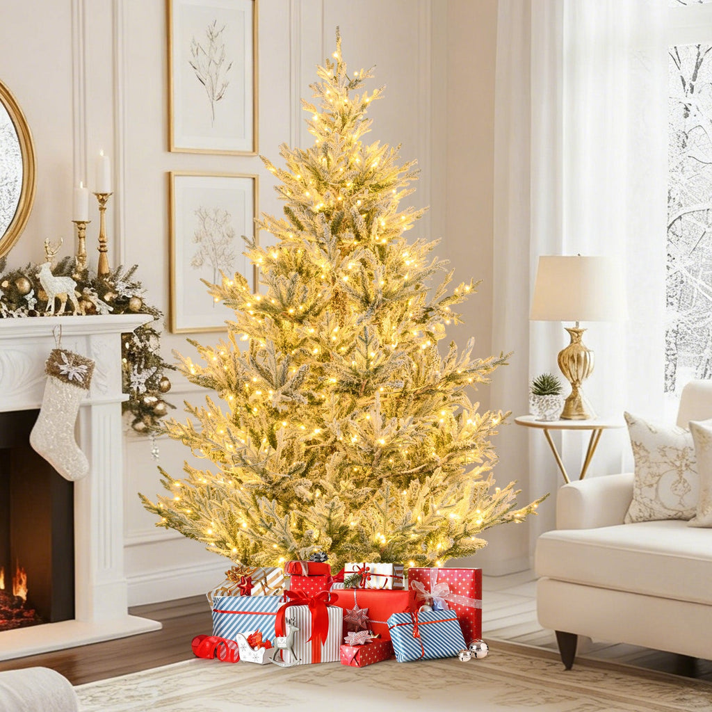 6/7/8 Feet Pre-Lit Artificial Christmas Tree Hinged Snow Flocked Xmas Tree