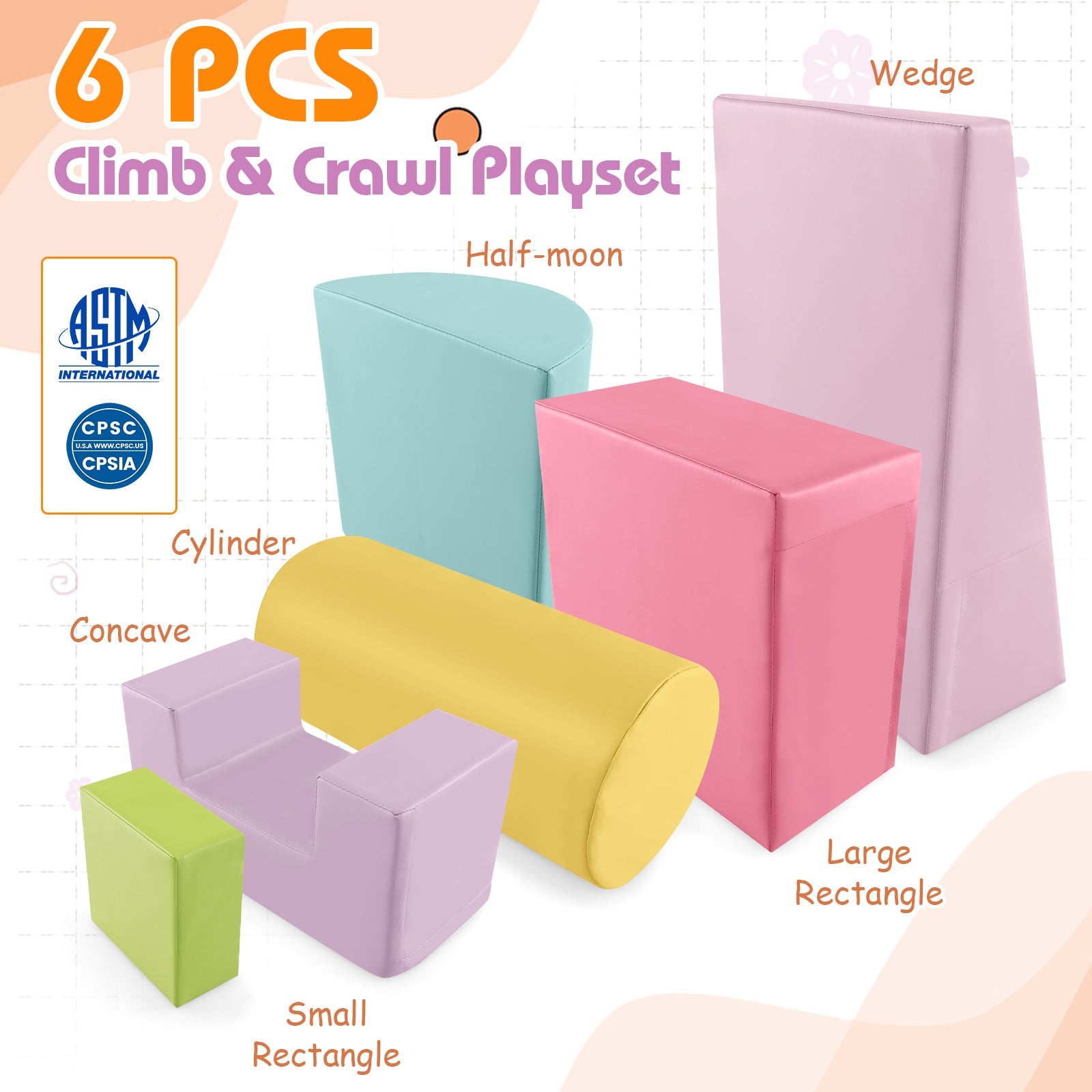 6 Pieces Foam Climbing Blocks Indoor Climb and Crawl Activity Playset with Rectangles-Macaron Multicolor