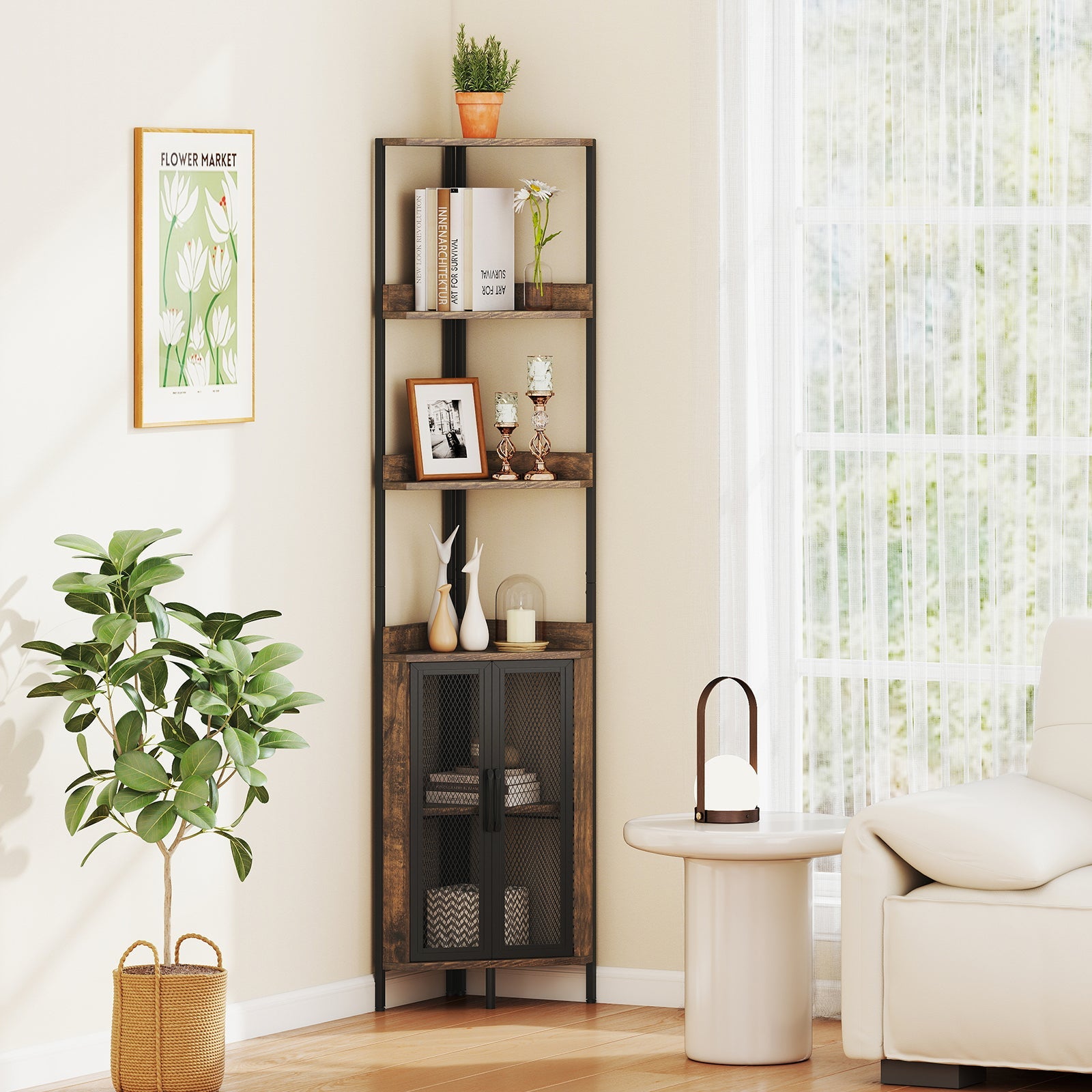 DirectDeals 6-Tier Corner Shelf 67 Inches Tall Industrial Bookcase with Cabinet
