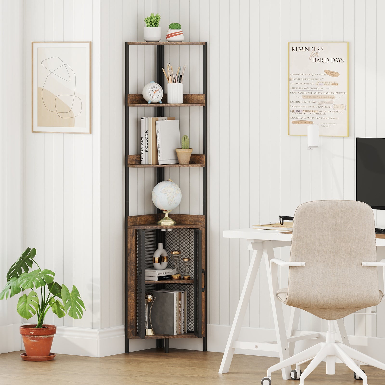 DirectDeals 6-Tier Corner Shelf 67 Inches Tall Industrial Bookcase with Cabinet