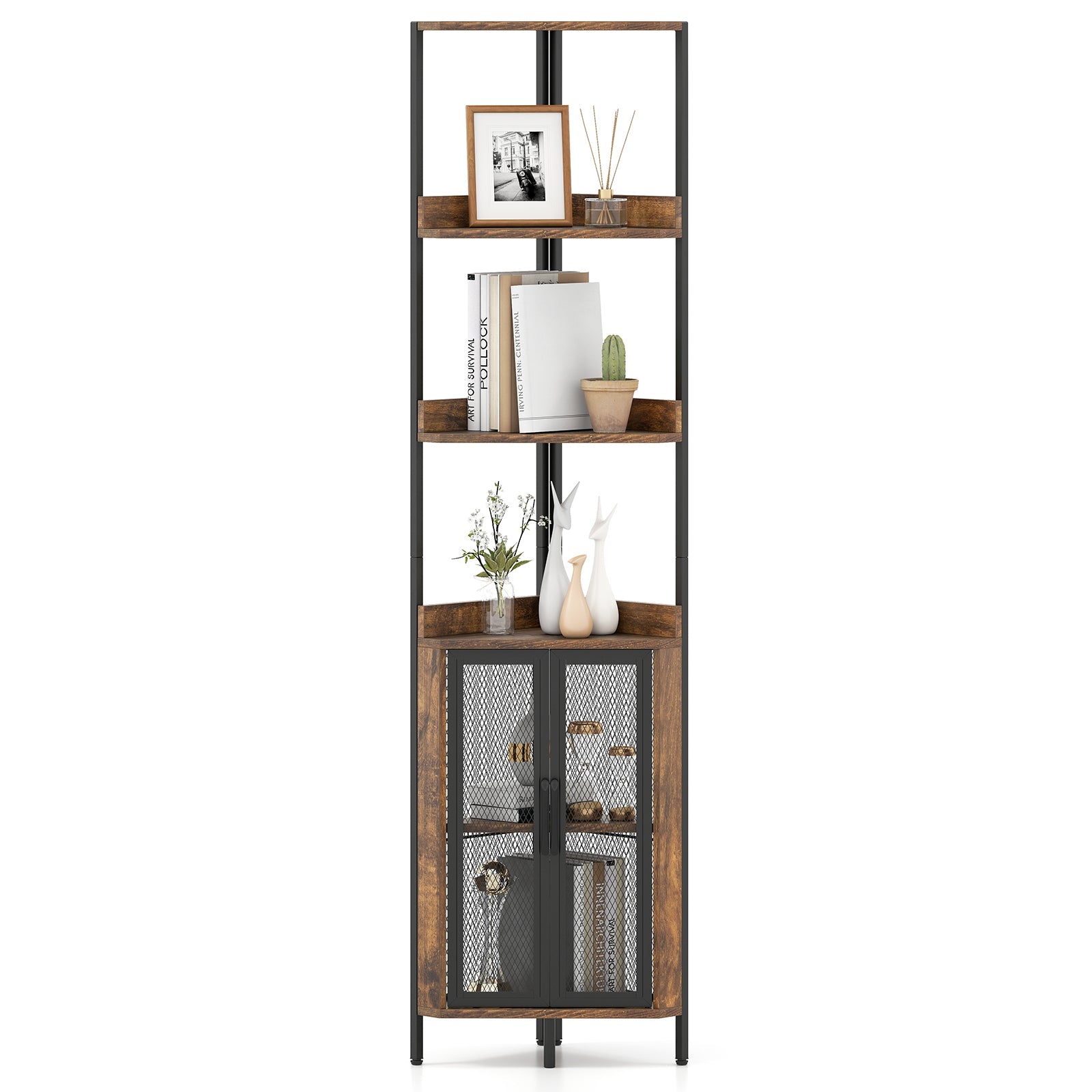 DirectDeals 6-Tier Corner Shelf 67 Inches Tall Industrial Bookcase with Cabinet