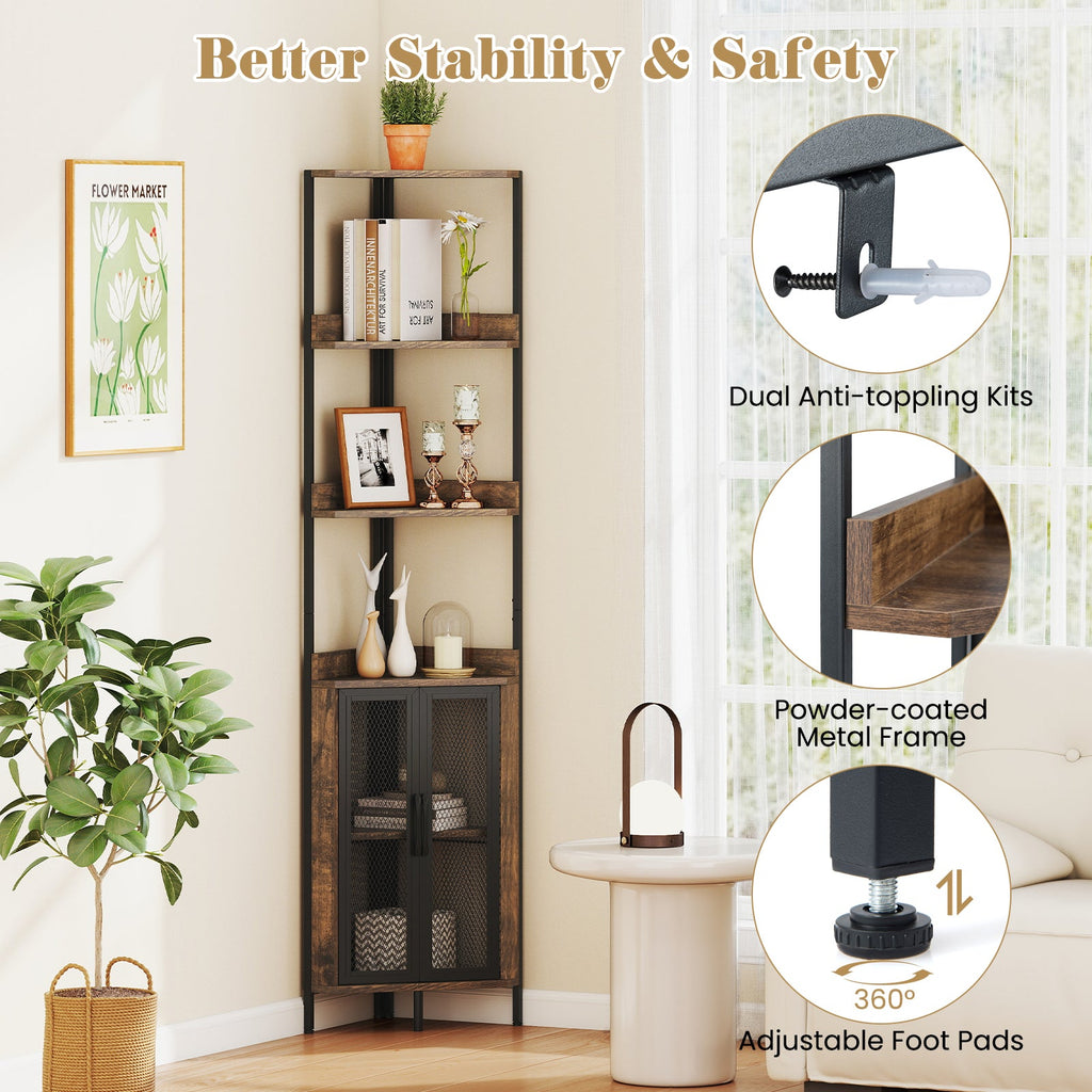 DirectDeals 6-Tier Corner Shelf 67 Inches Tall Industrial Bookcase with Cabinet