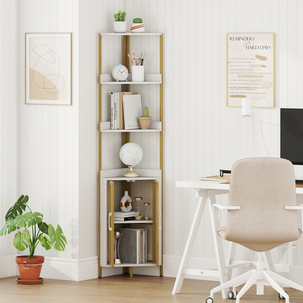 DirectDeals 6-Tier Corner Shelf 67 Inches Tall Industrial Bookcase with Cabinet