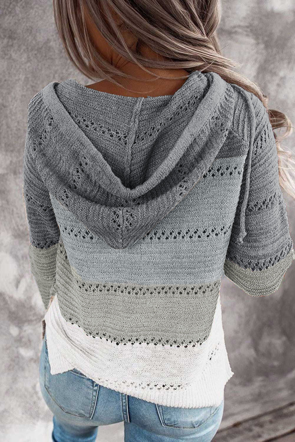 Multicolor Zipped Front Colorblock Hollow-out Knit Hoodie