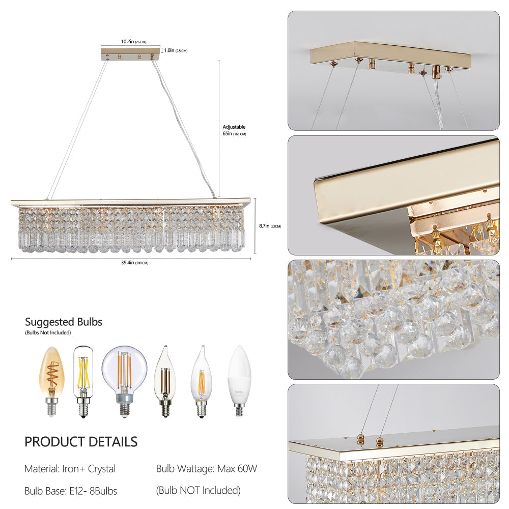 39.4" Rectangle Crystal Raindrop Chandelier | 8-Light Modern Pendant for Dining Room & Kitchen Island — Chrome or Gold, E12
