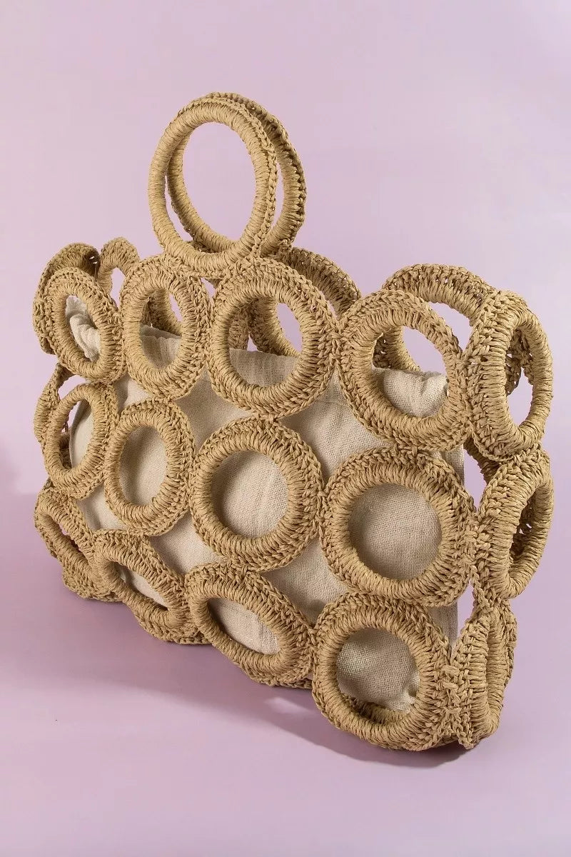 Fame Straw Round Pattern Mesh Hand Bag