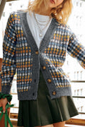 Gray Dotty Pattern Knit Button Front V Neck Sweater Cardigan