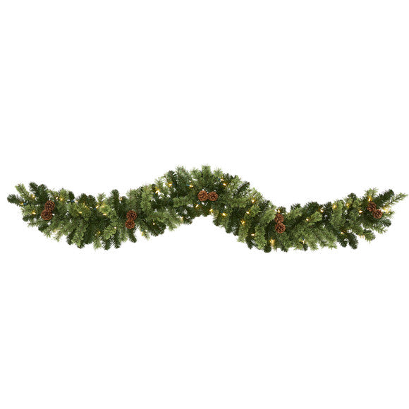 6' Christmas Artificial Garland with 50 Multicolored LED Lights and Pine Cones