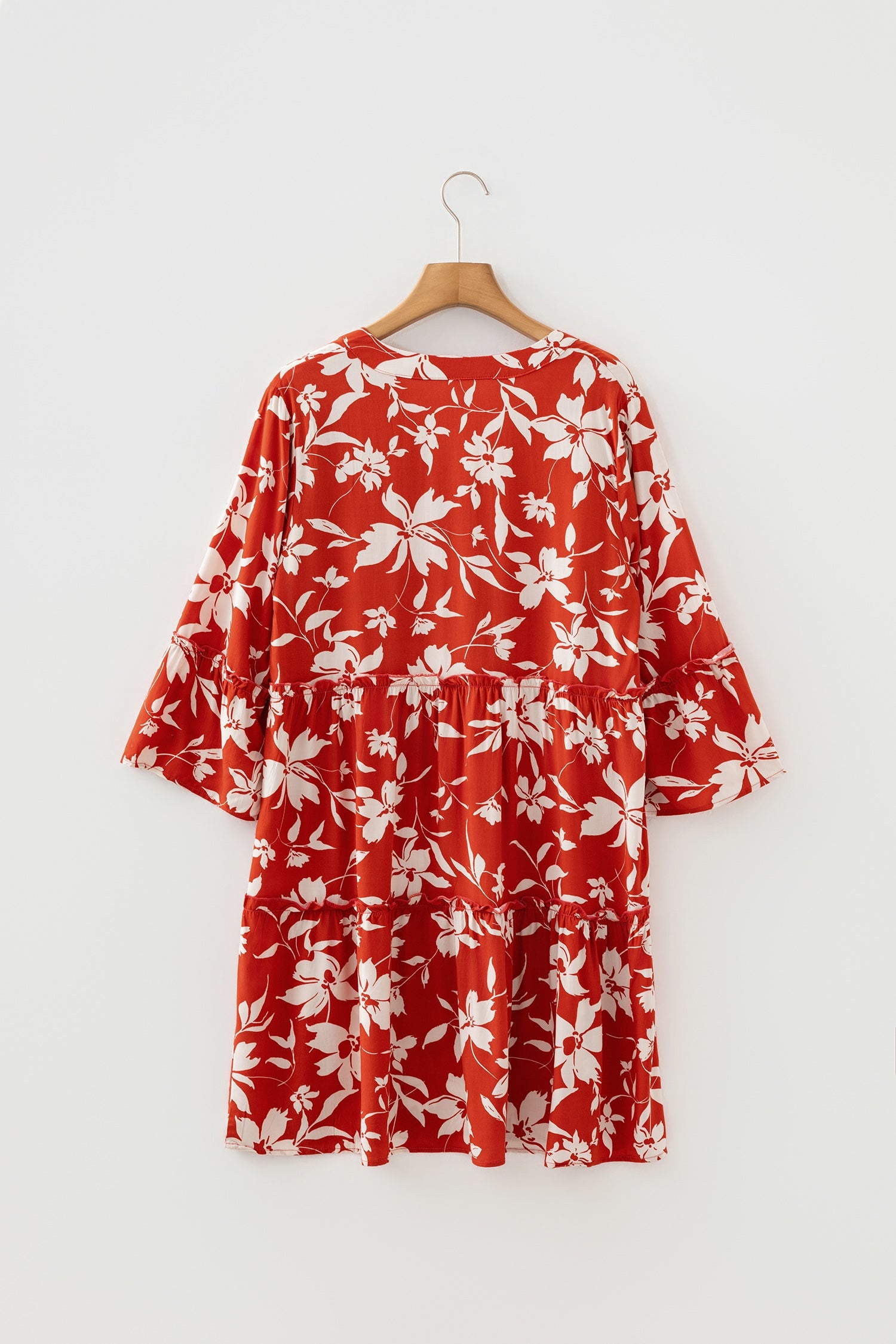 Blue Boho Floral Print Lettuce Trim 3/4 Sleeve Mini Dress