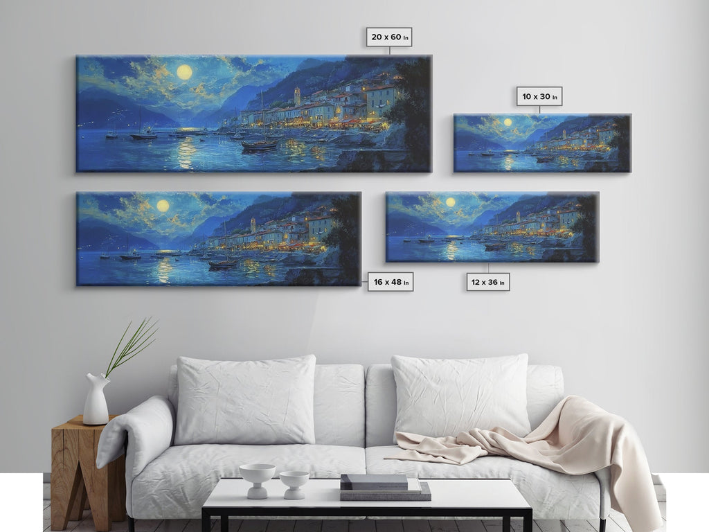 Midnight in Italy - Full Moon - Italian Oil Painting Canvas Print - Whimsical / Eclectic Landscape Painting - Minimalist Boho Home Decor