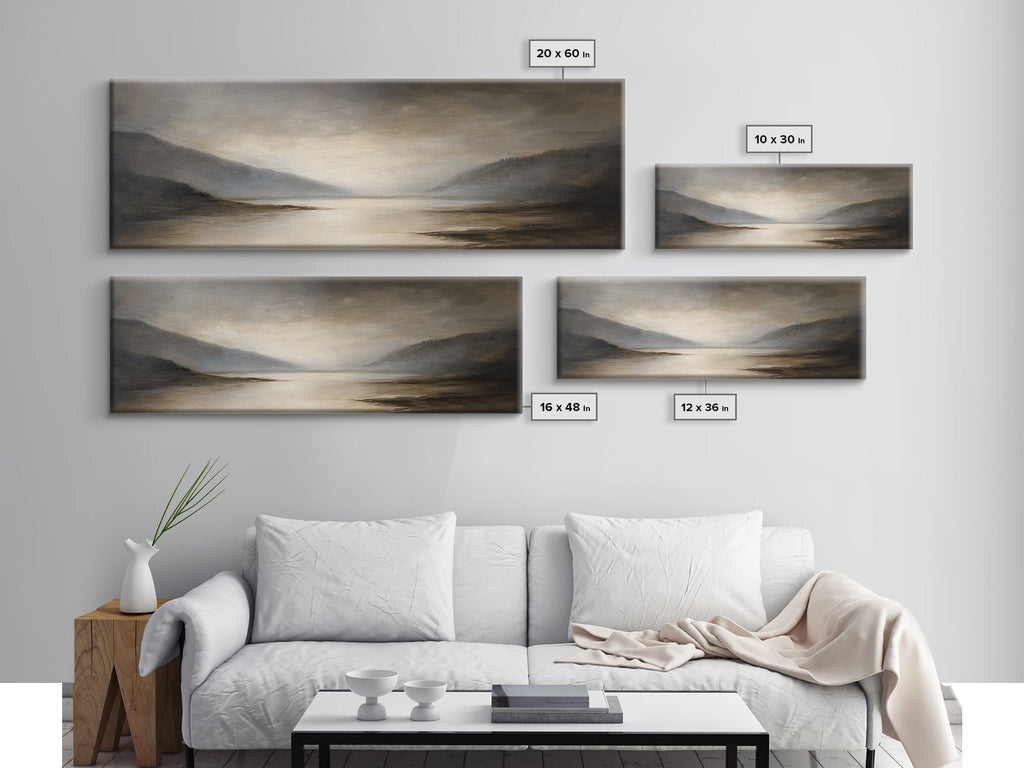 Moody Seascape Wall Art, Framed Canvas Print, Horizontal Panoramic Wall Art, Cloudy Day, Large and Wide Calm Decor, Modern Wall Art