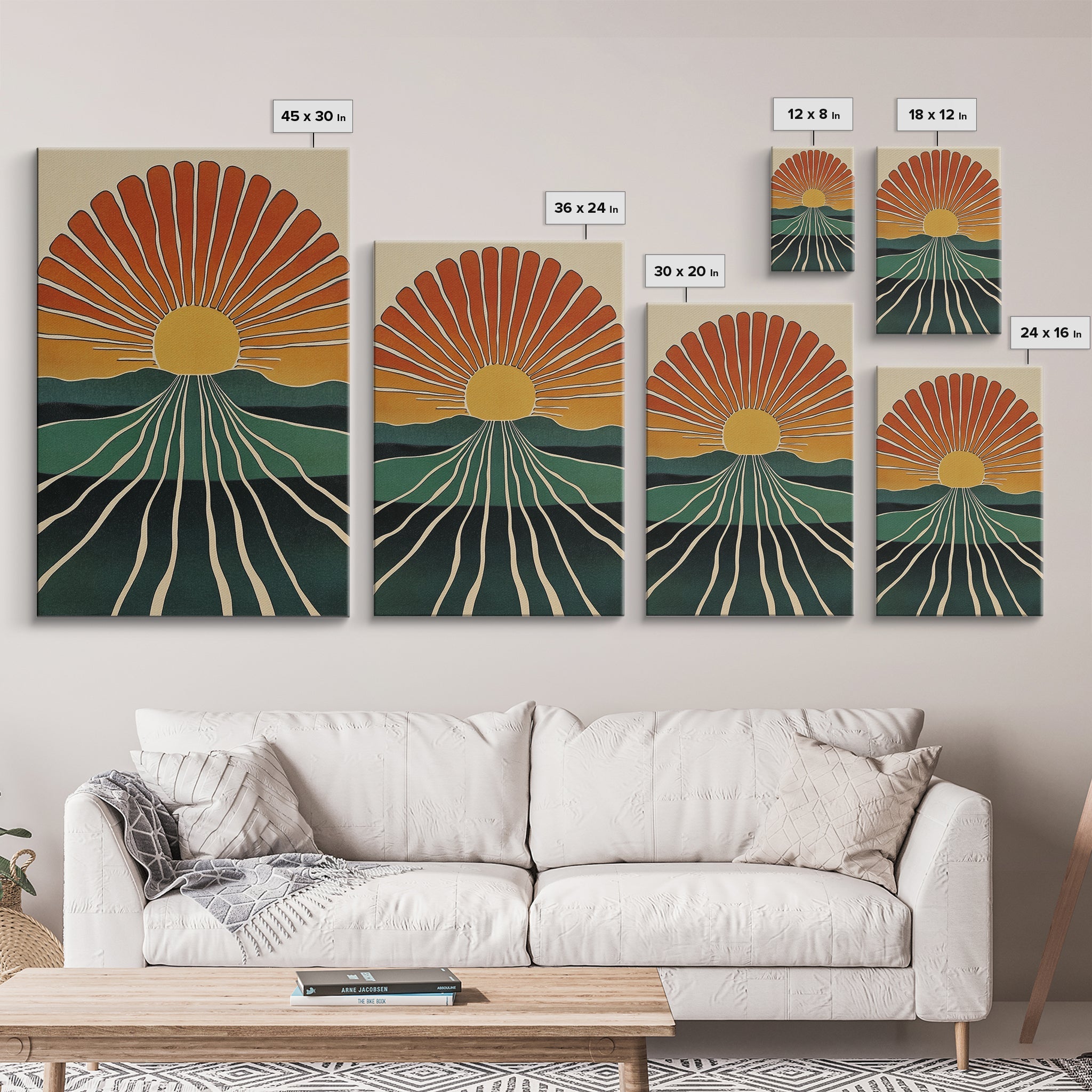 Minimalist Sunset or Sunrise Wall Art Canvas Print, Art Deco Boho Wall Decor, Modern Art, Sun Burst Wall Art