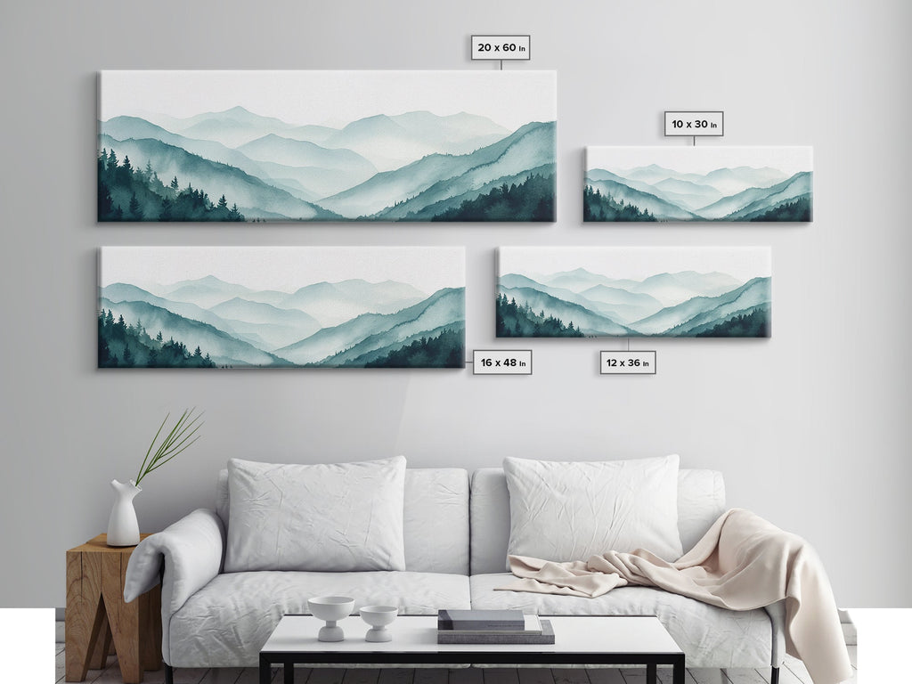 Indigo and Emerald Green Blue Ridge Mountains, Framed Canvas Print, Panoramic Home Decor, Horizontal Art, Mountain Landscape Painting