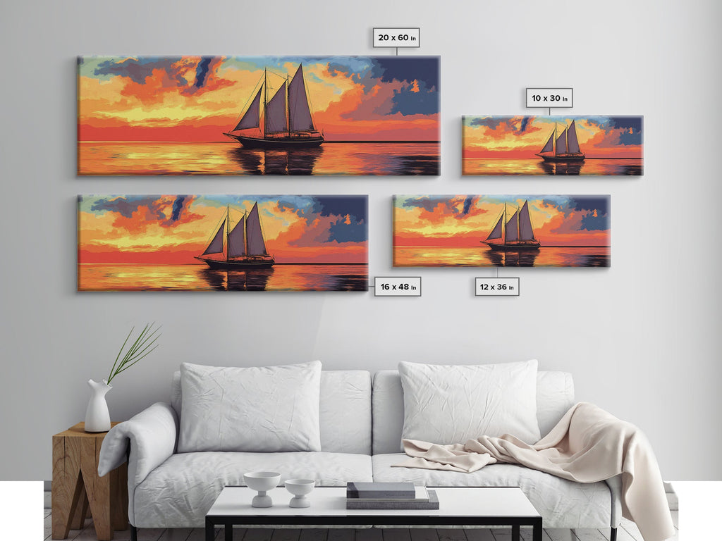 Pirate Ship at Sunset Framed Canvas Print - Panoramic Wall Art - Sailboat Painting - Sail Boat Art - Nautical Decor - Lake House Art