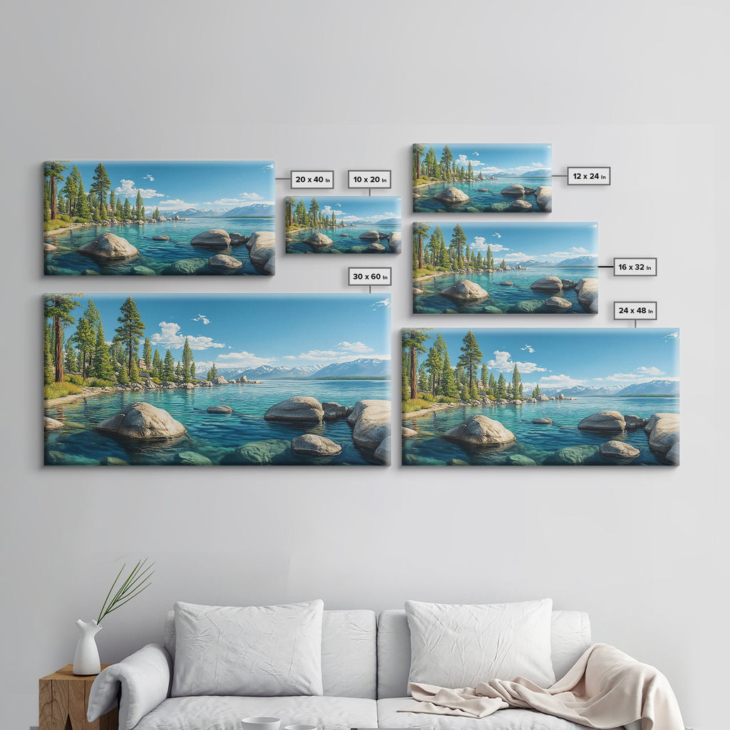 Lake Tahoe Landscape Canvas Print Rustic Wall Art Coastal Nature Scene Above Bed Artwork Living Room Decor Panoramic Painting