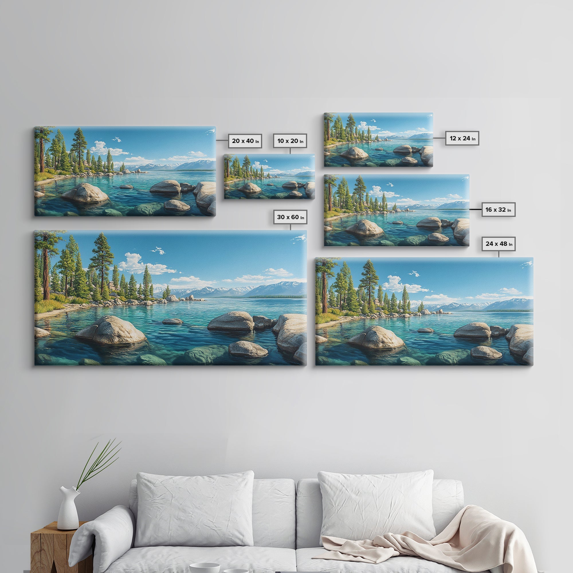 Lake Tahoe Landscape Canvas Print Rustic Wall Art Coastal Nature Scene Above Bed Artwork Living Room Decor Panoramic Painting