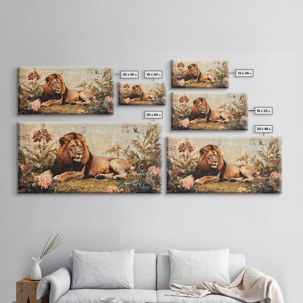 Regal Lion in Wildflowers Framed Canvas Print, Safari Wildlife Painting, African Rustic Wall Art, Boho Nature Decor, Animal Kingdom Art