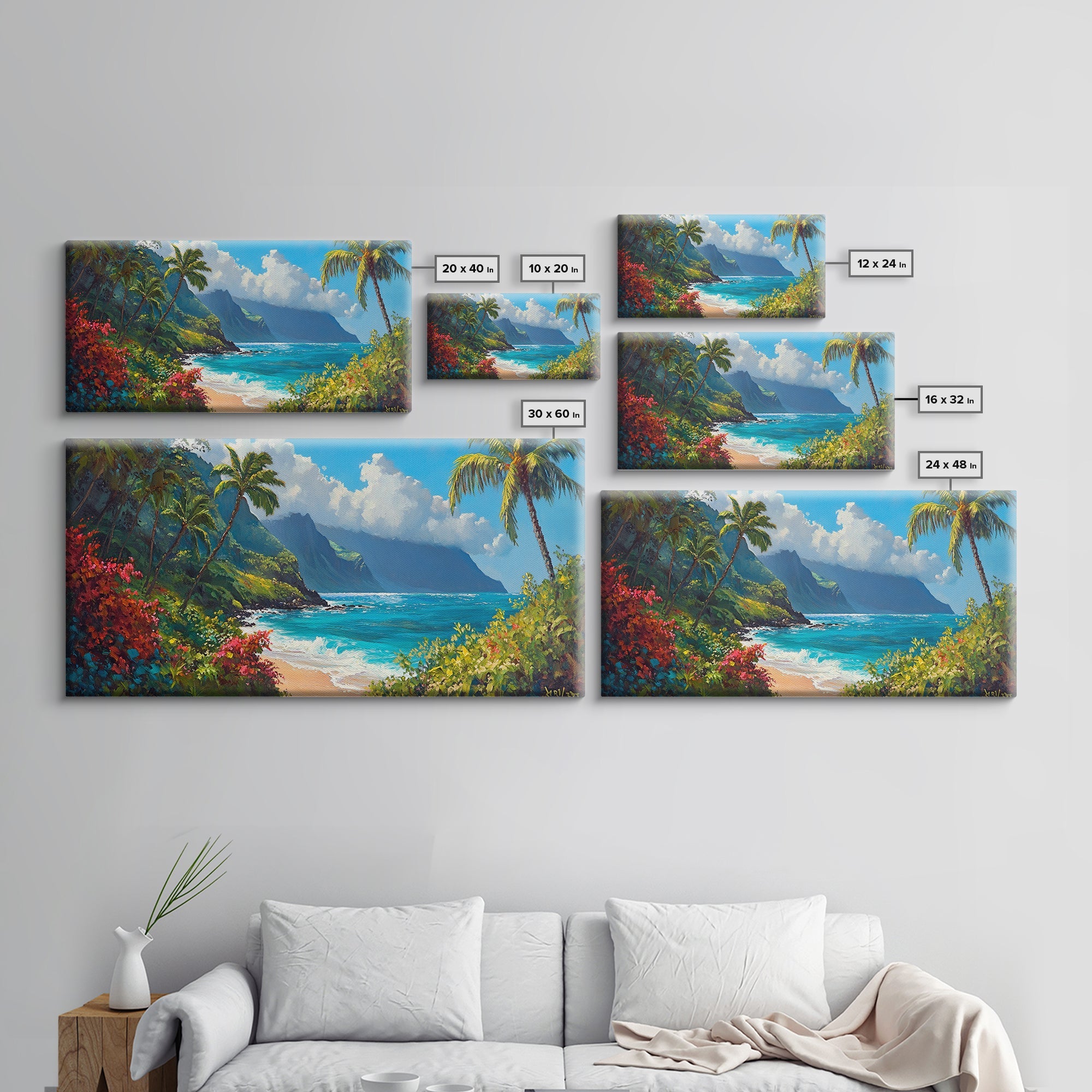 Lush Hawaiian Coast Canvas Print Coastal Painting Nautical Wall Art Panoramic Art Tropical Landscape Art Above Bed Wall Art Gift Idea