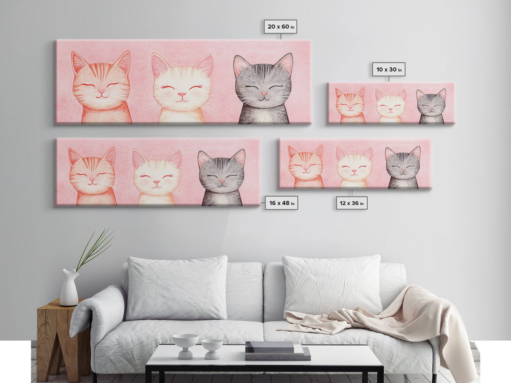 Framed Canvas Print of Whimsical Cat Portraits in Pink Shades Featuring Cute Wall Art for Pet Lovers’ Room or Playful Dorm Decor