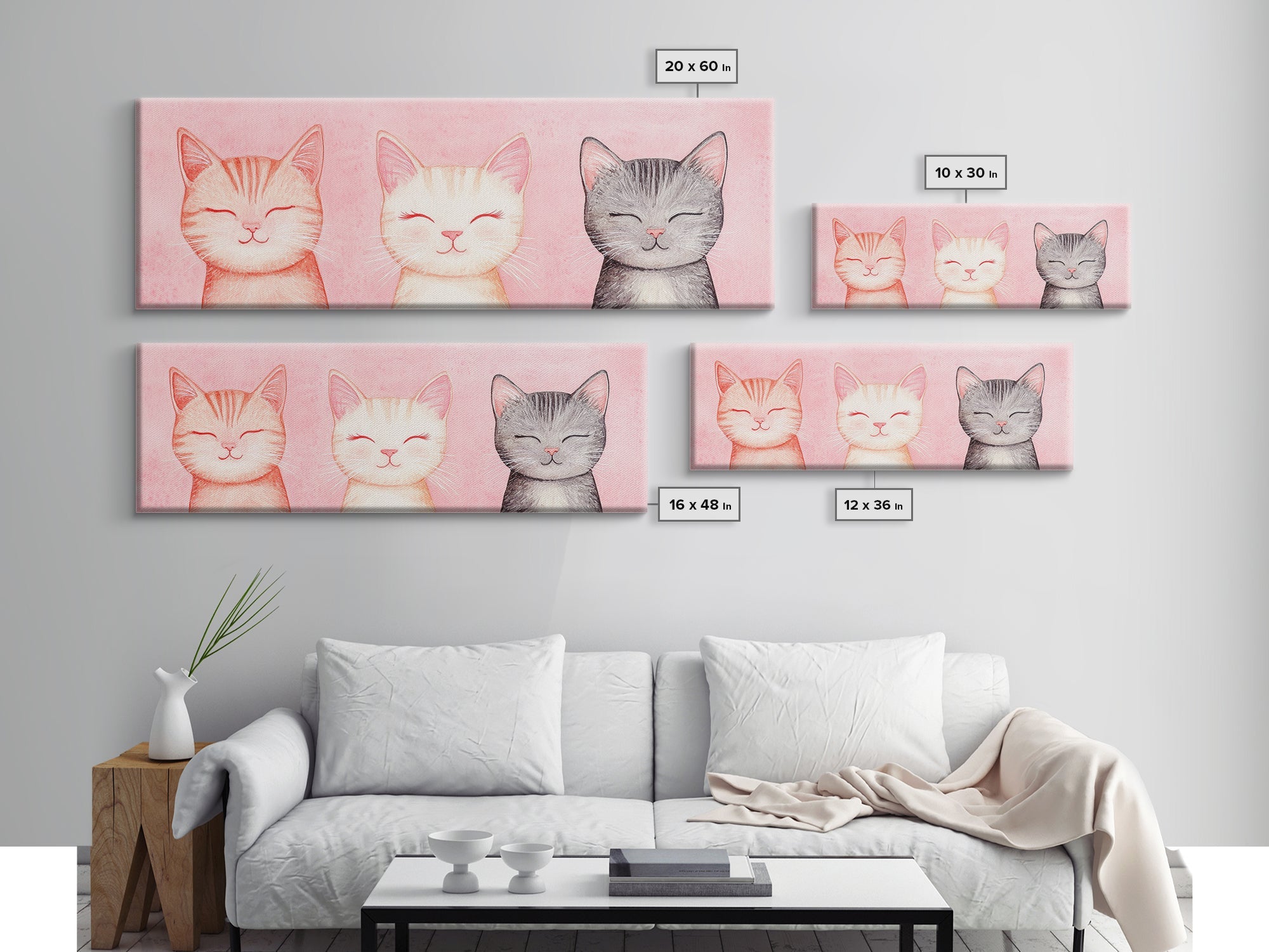 Framed Canvas Print of Whimsical Cat Portraits in Pink Shades Featuring Cute Wall Art for Pet Lovers’ Room or Playful Dorm Decor