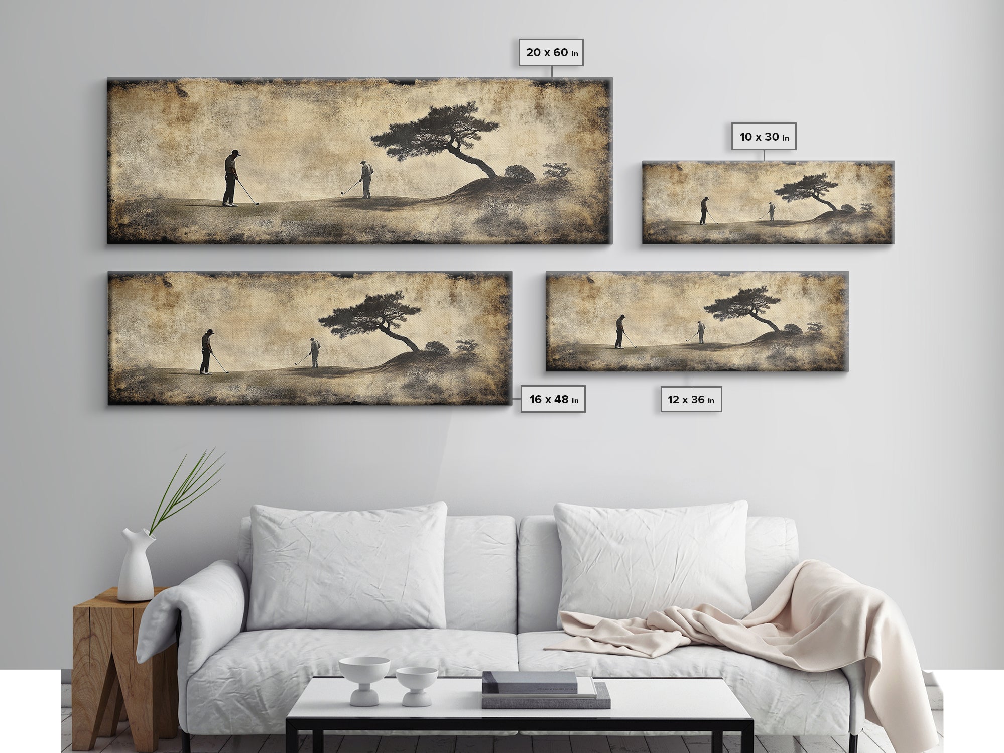 Vintage Golfers Landscape Framed Canvas Print – Rustic Wall Art, Golf Art, Horizontal Wall Art, Living Room Art, Tall Narrow Art