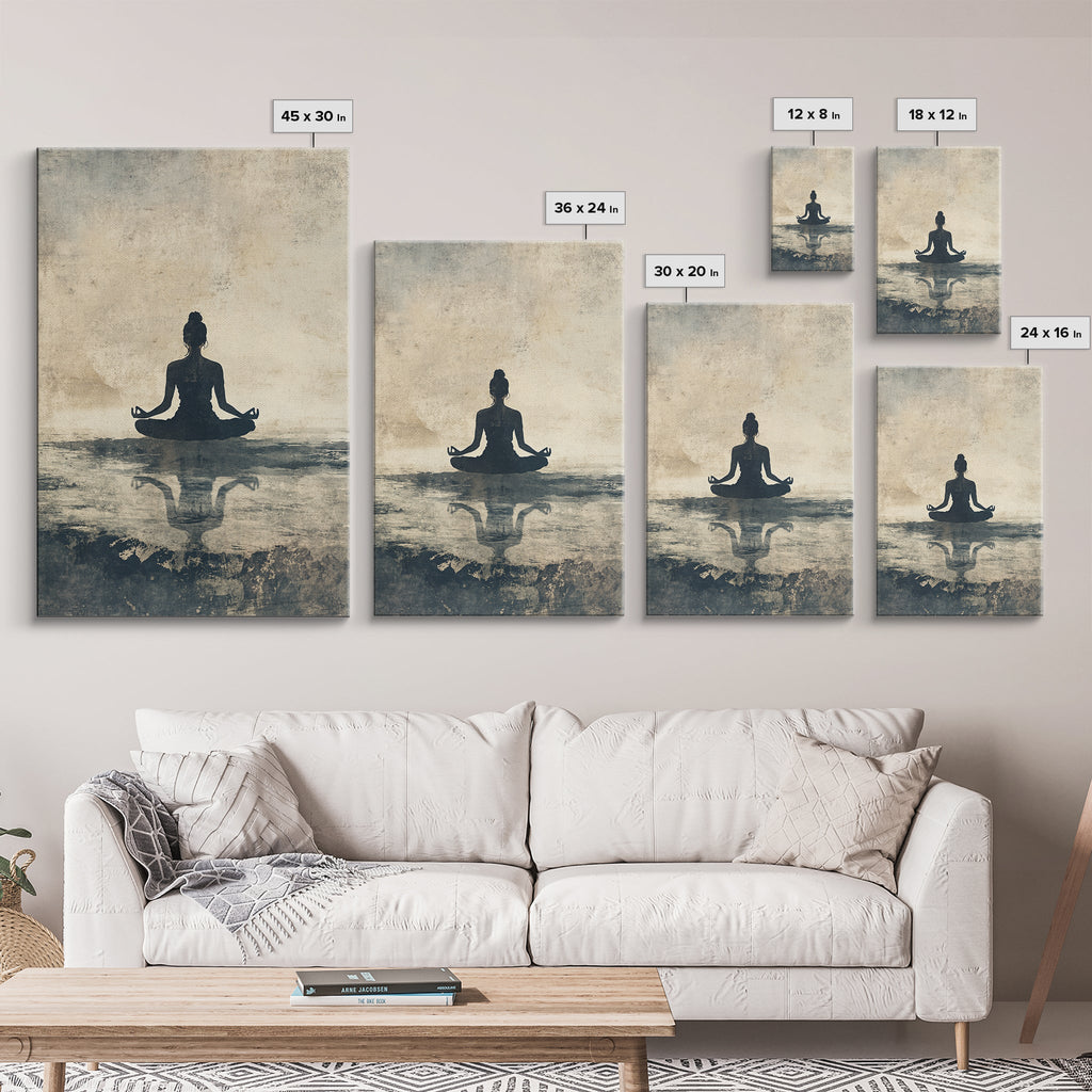 Meditative Silhouette Canvas Print with Wabi Sabi Art, Minimalist Zen Wall Art, Neutral Sage Green Decor, Yoga Art for Relaxation