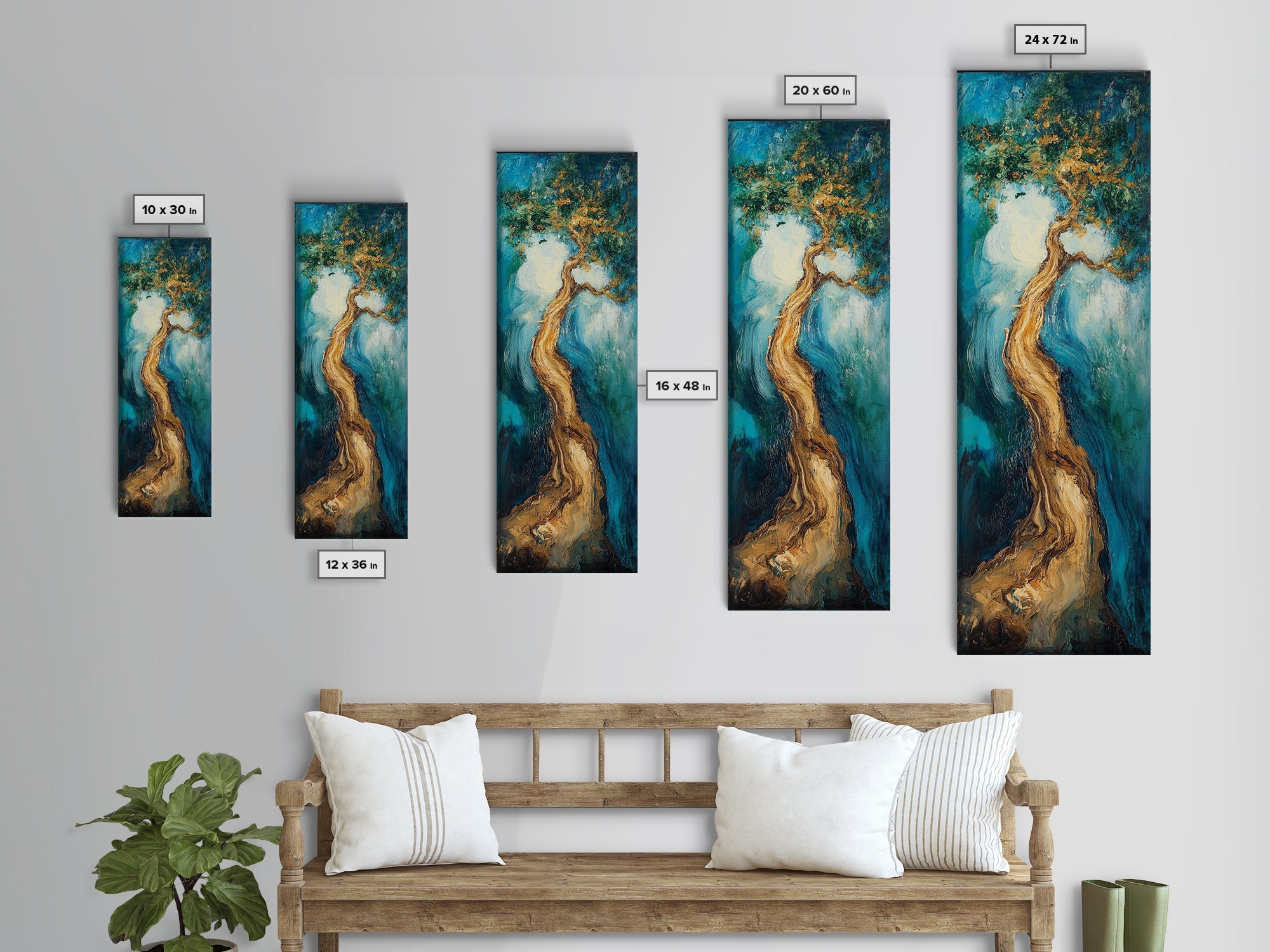 Twisting Tree, oak tree art, nature painting, forest at dusk painting, textured wall art, Framed Canvas Print, vertical wall art