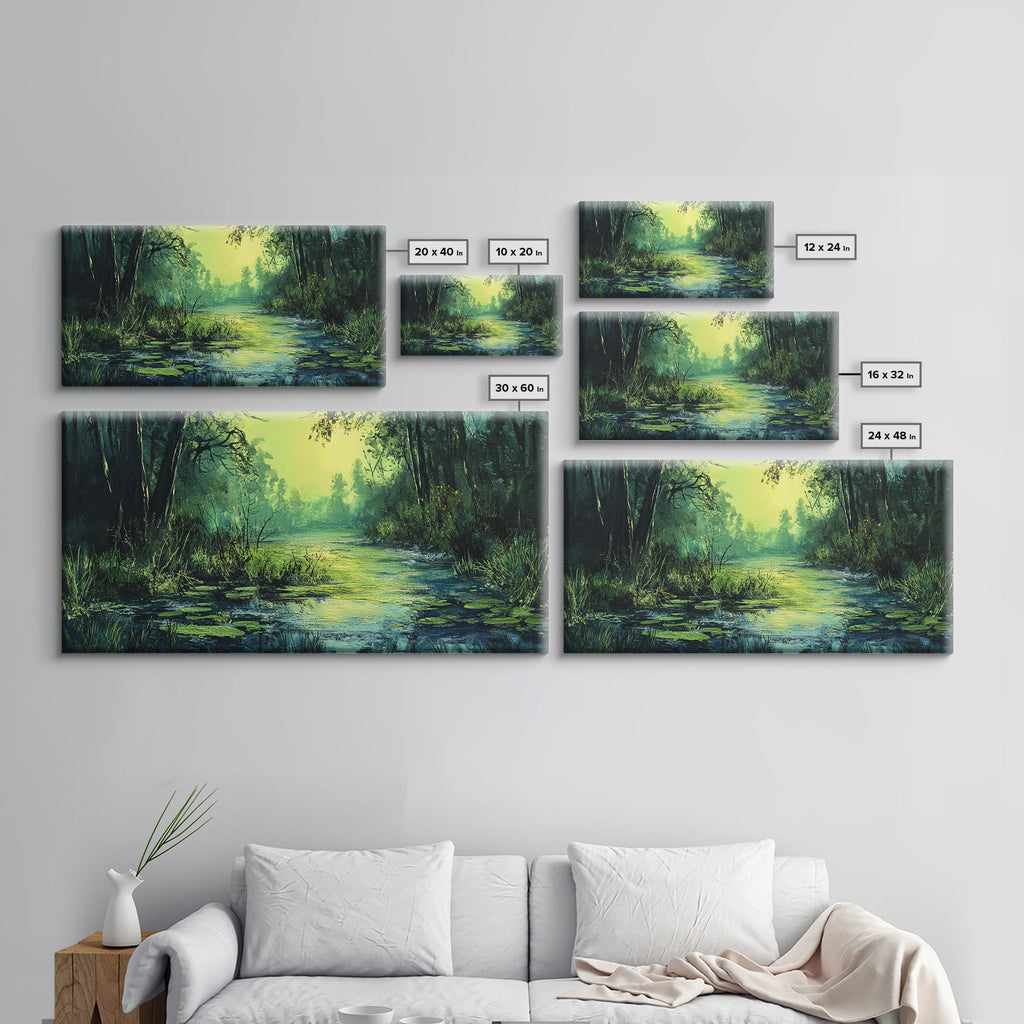 Forest Lagoon, green wall art, nature landscape painting, botanical prints, wabi sabi art, extra wide art, Framed Canvas Print